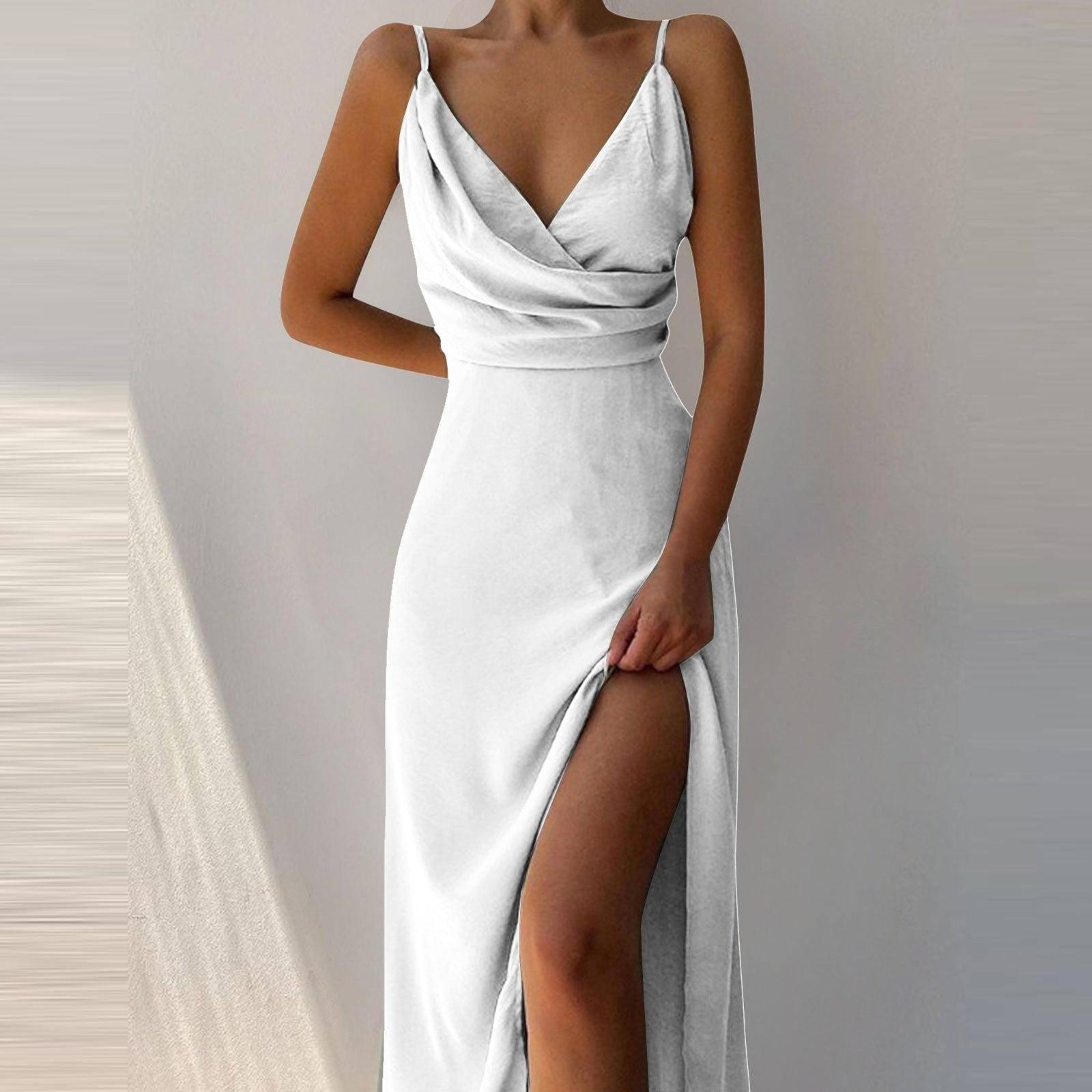 V-neck Slip Dress Low Cut Printed Slit Dress-White-11