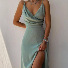 V-neck Slip Dress Low Cut Printed Slit Dress-Green-1
