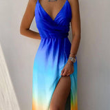 V-neck Slip Dress Low Cut Printed Slit Dress-Blue and yellow-7