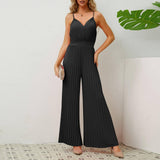 V-neck Suspender Pleated Jumpsuit Solid Color Loose Straight-Black-9