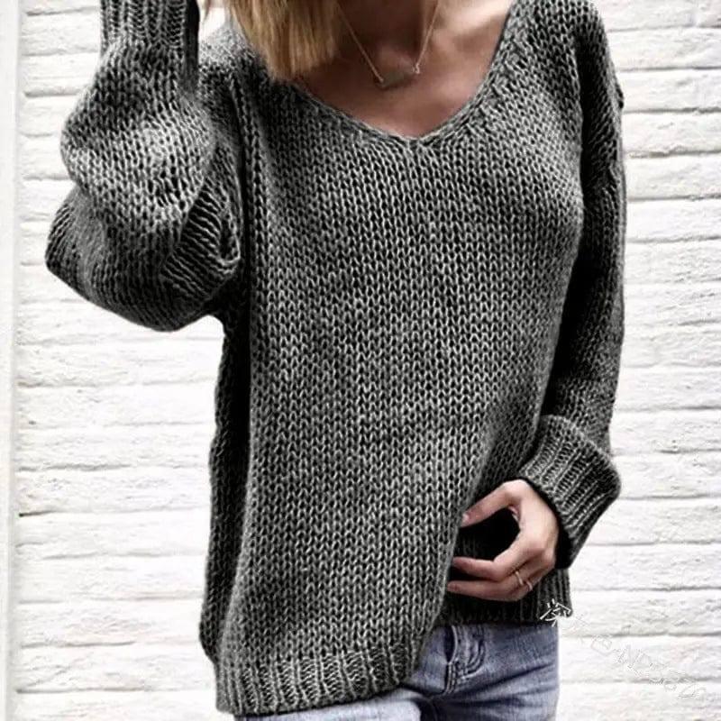 V-neck sweater loose sweater-Dark Grey-2
