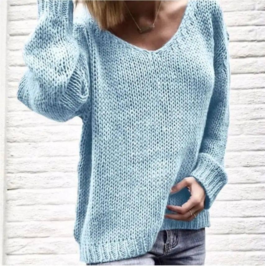V-neck sweater loose sweater-Light Blue-4
