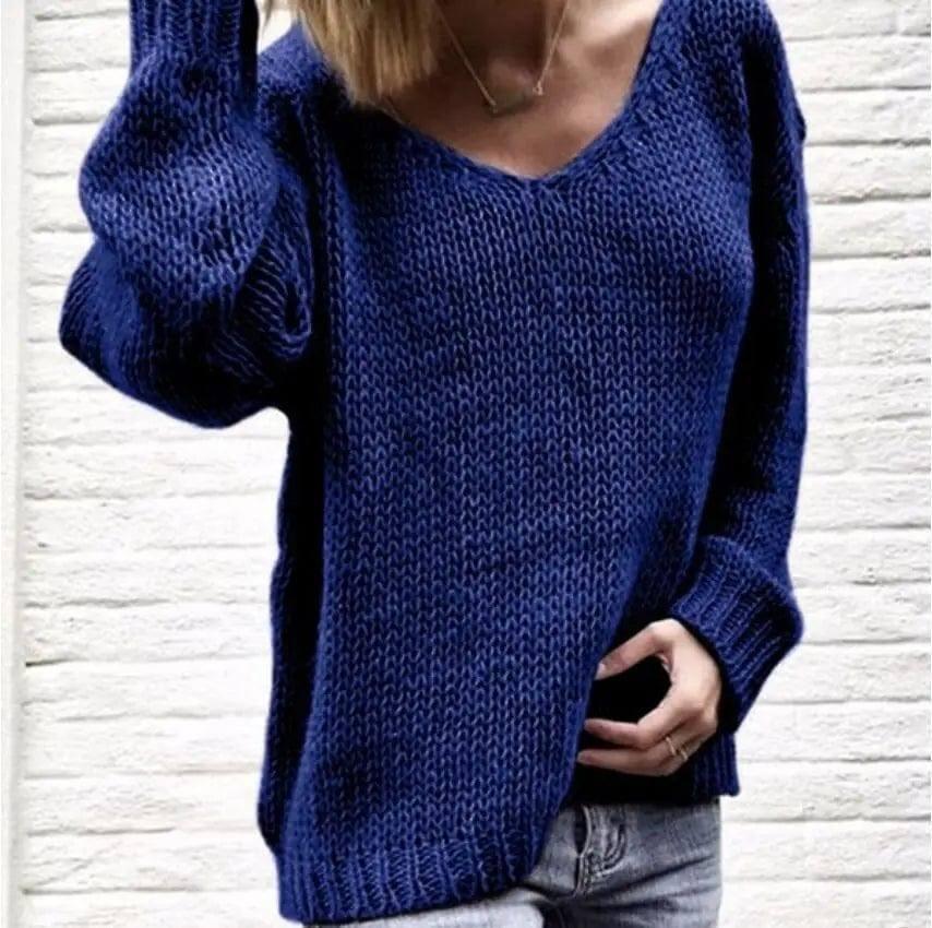 V-neck sweater loose sweater-Dark Blue-5