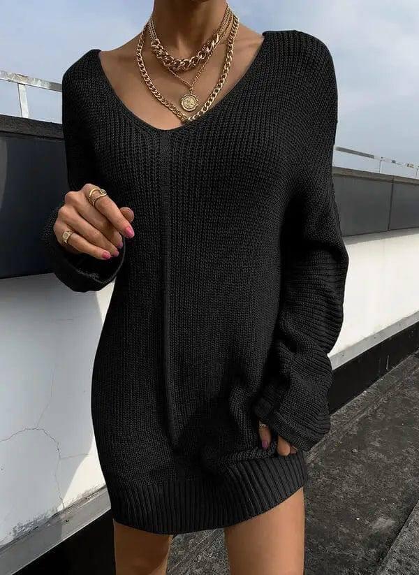 V-neck Sweater Loose Sweater Women's Knit Sweater-Black-2