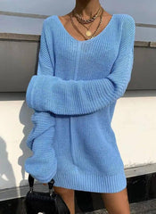 V-neck Sweater Loose Sweater Women's Knit Sweater-Blue-3