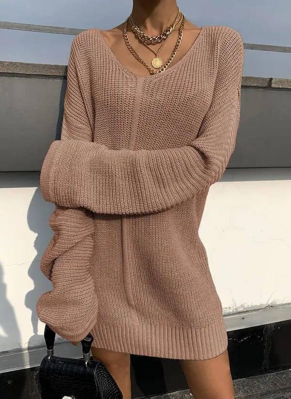 V-neck Sweater Loose Sweater Women's Knit Sweater-5
