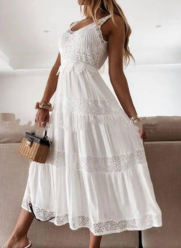 Vacation Style V-neck Maxi Dress-White-1