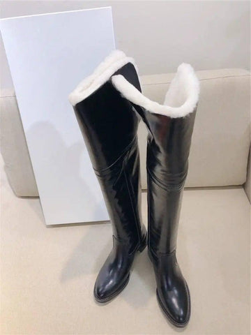 Versatile Thin Boots High Leather Women-Black-6