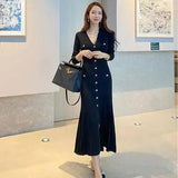 Vintage Korean Maxi Dress - Elegant V-Neck Mermaid Style-Black-4