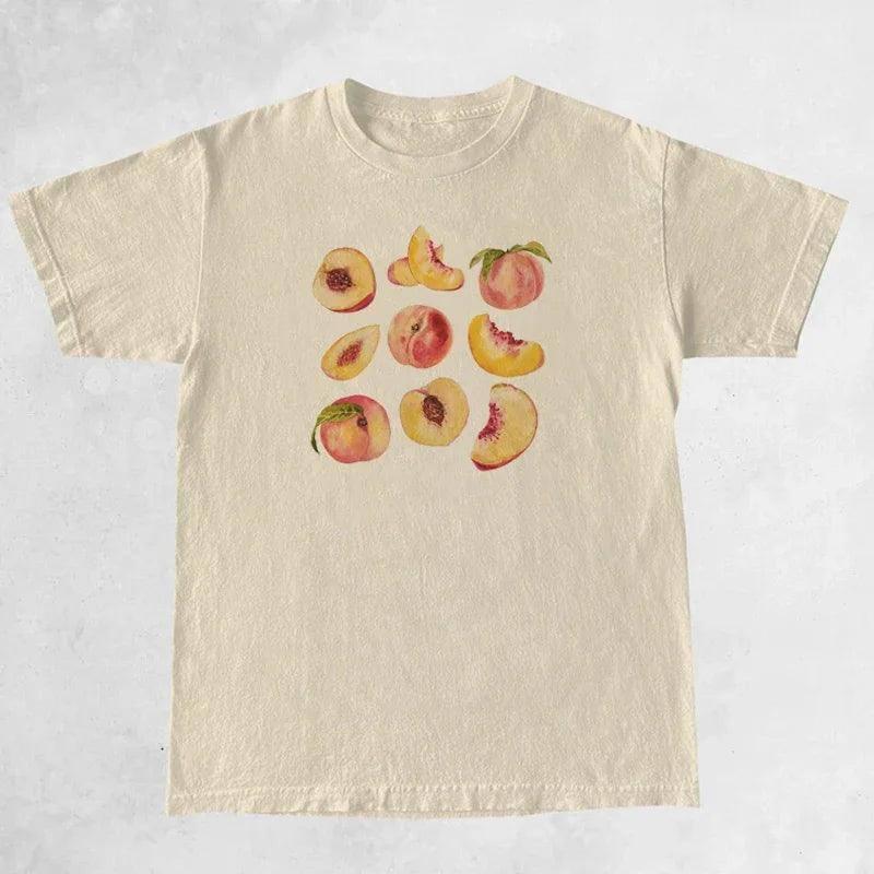 Vintage Peaches Printed Graphic Tees Women Cute Cottagecore-Khaki-3