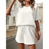 Waffle Suit Women's Bat Sleeve Short-sleeved Crew-neck Top-White-10