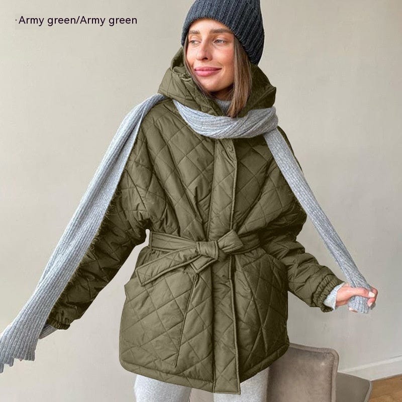 LOVEMI  WDown jacket Army Green / XS Lovemi -  Hooded Cotton Jacket Slim-fit Lace Up Lapel Long Sleeve Plaid Long