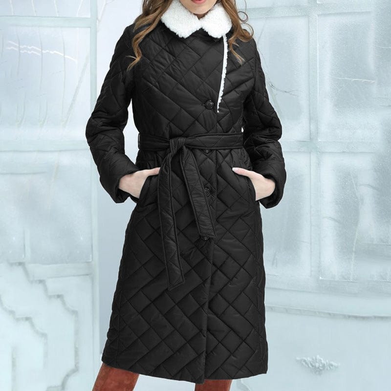 LOVEMI  WDown jacket Black / S Lovemi -  Lapel Cotton-padded Coat Mid-length Slim-fit Rhombus Plaid