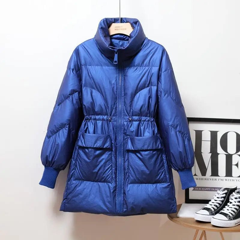 LOVEMI WDown jacket Blue / S Lovemi -  Fashion Loose Shiny Waist White Duck Down Jacket