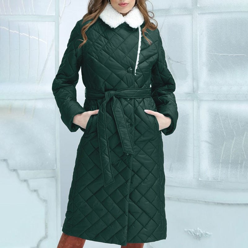 LOVEMI  WDown jacket Dark Green / S Lovemi -  Lapel Cotton-padded Coat Mid-length Slim-fit Rhombus Plaid