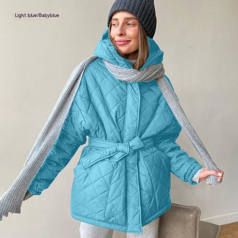 LOVEMI  WDown jacket Light Blue / XS Lovemi -  Hooded Cotton Jacket Slim-fit Lace Up Lapel Long Sleeve Plaid Long