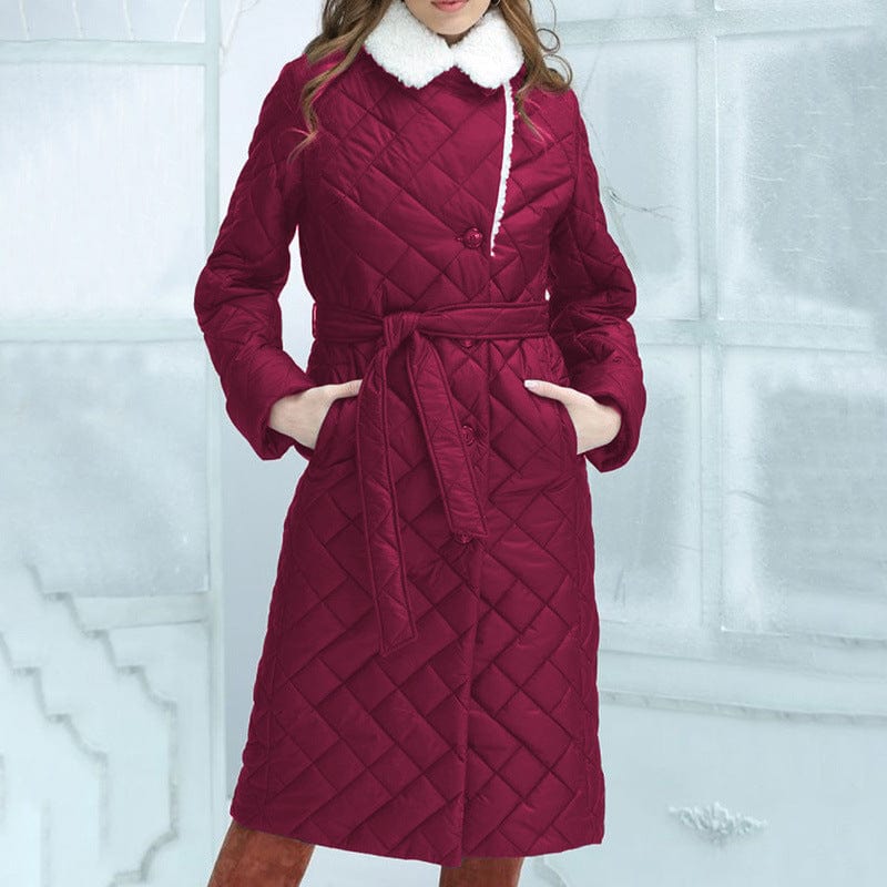 LOVEMI  WDown jacket Wine Red / S Lovemi -  Lapel Cotton-padded Coat Mid-length Slim-fit Rhombus Plaid
