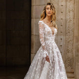 Wedding Dress Sexy Lace Long Sleeve Dress Evening Dress-White-9