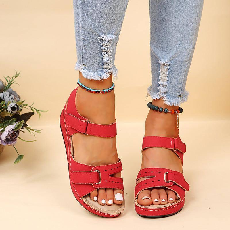 Wedge Sandals Summer Velcro Platform Shoes Women-Red-7