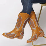 Western Cowboy Boots Women Wing Embroidery Shoes Low Heel-Orange-1