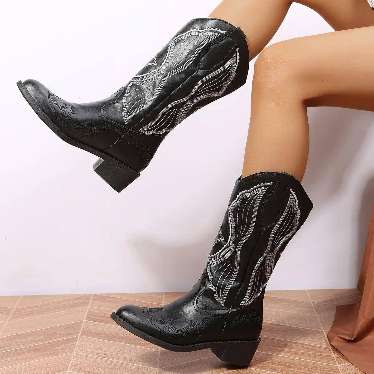 Western Cowboy Boots Women Wing Embroidery Shoes Low Heel-Black-3