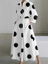 White Dot Print Maxi Dress - Elegant Long Sleeve Autumn-1