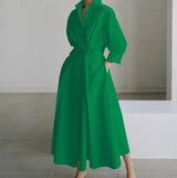 White Dot Print Maxi Dress - Elegant Long Sleeve Autumn-Green-10
