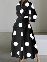 White Dot Print Maxi Dress - Elegant Long Sleeve Autumn-2