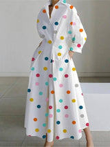 White Dot Print Maxi Dress - Elegant Long Sleeve Autumn-4