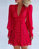 White Elegant Dresses Sexy V Neck Lace Dress Long Puff-Red-3