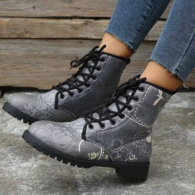 White Flower Print Cowboy Boots Women Round Toe Lace-up-Grey-6