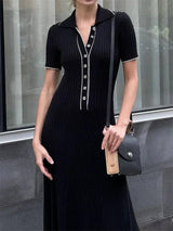 White Knit Maxi Dress - Short Sleeve Elegant Party Wear-Black-10
