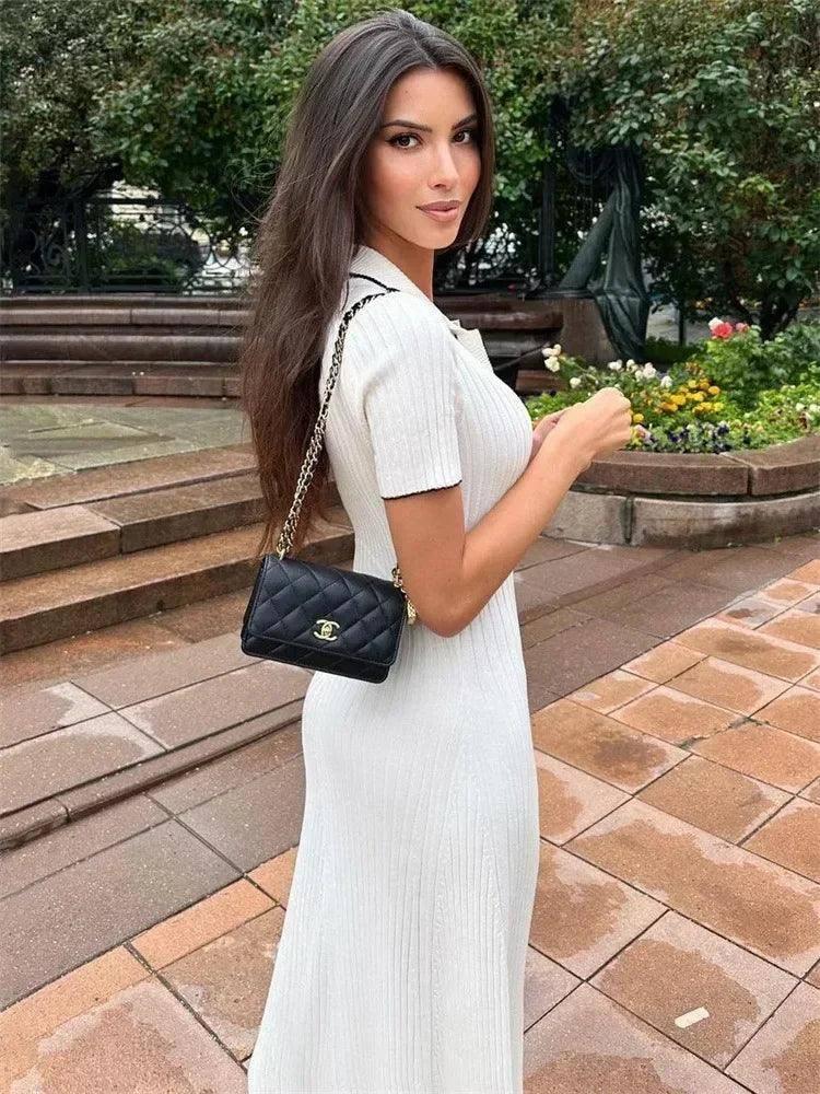 White Knit Maxi Dress - Short Sleeve Elegant Party Wear-3