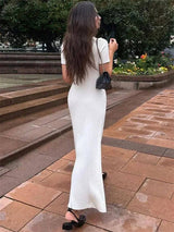 White Knit Maxi Dress - Short Sleeve Elegant Party Wear-4