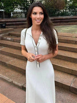 White Knit Maxi Dress - Short Sleeve Elegant Party Wear-WHITE-7