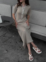 White Knit Maxi Dress - Short Sleeve Elegant Party Wear-GRAY-8