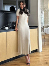White Knit Maxi Dress - Short Sleeve Elegant Party Wear-Khaki-9
