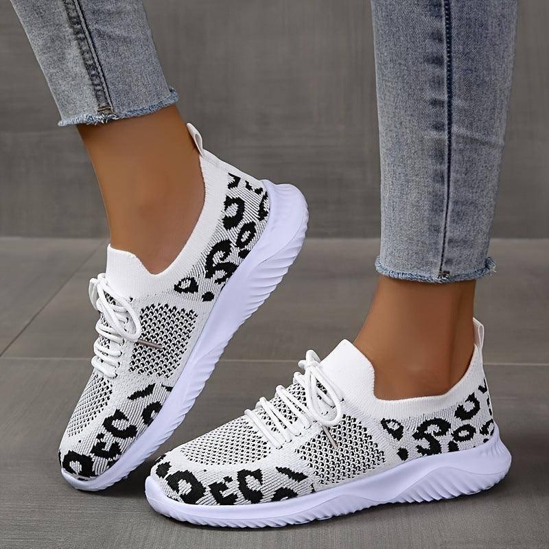 White Shoes Women Leopard Print Lace-up Sneakers Sports-Black panther print-1