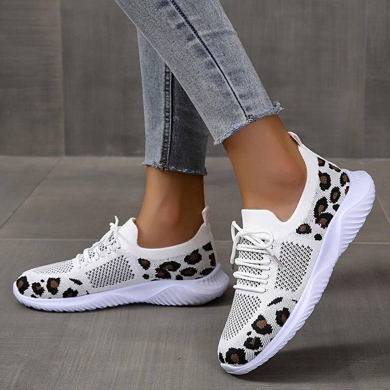 White Shoes Women Leopard Print Lace-up Sneakers Sports-Yellow leopard print-2
