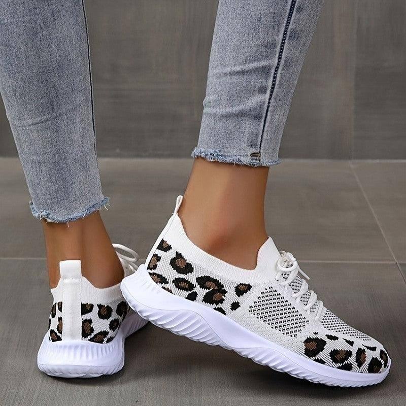 White Shoes Women Leopard Print Lace-up Sneakers Sports-3