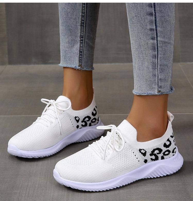 White Shoes Women Leopard Print Lace-up Sneakers Sports-White-4
