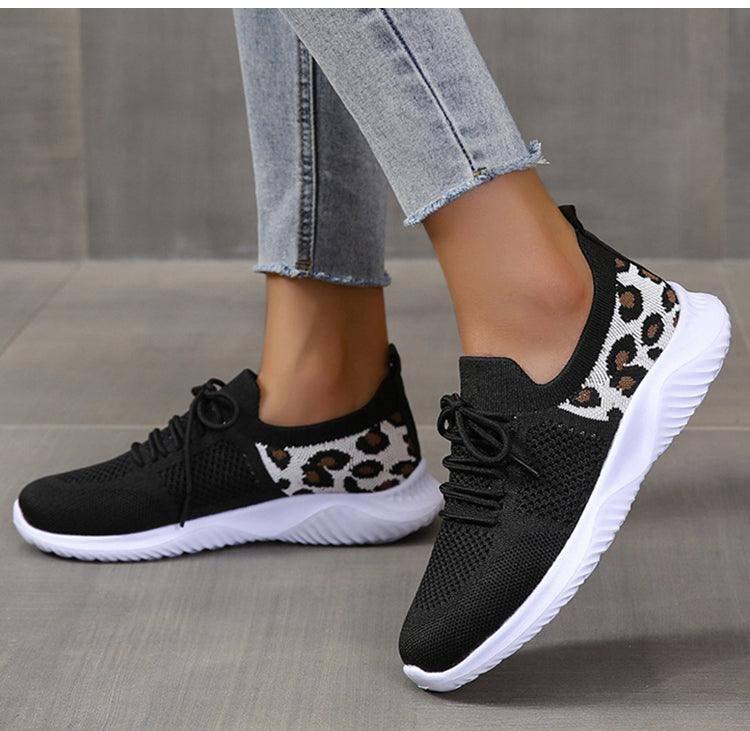 White Shoes Women Leopard Print Lace-up Sneakers Sports-Black-5