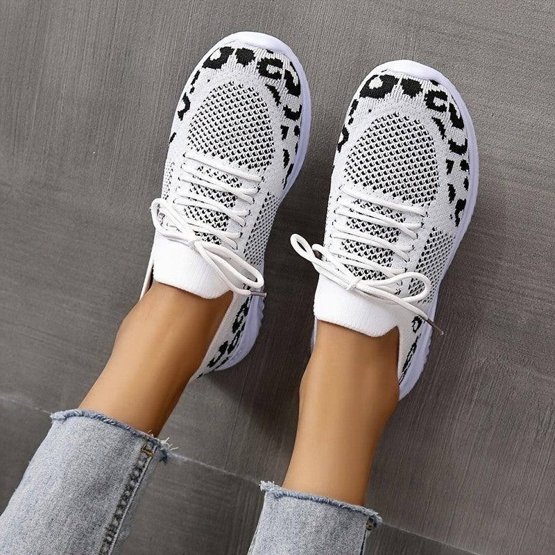 White Shoes Women Leopard Print Lace-up Sneakers Sports-6
