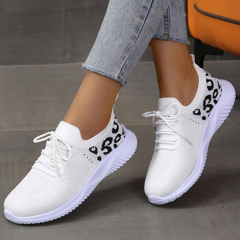 White Shoes Women Leopard Print Lace-up Sneakers Sports-8