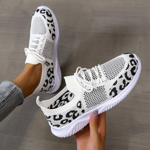 White Shoes Women Leopard Print Lace-up Sneakers Sports-9