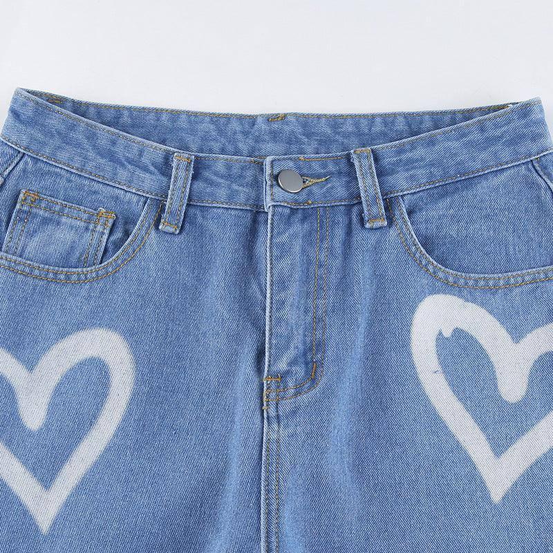 Wide-leg Jeans Women's Love Print Straight Loose-5