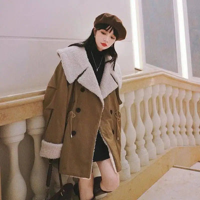 Winter Mid-length Lamb Wool Coat With Large Lapel-1