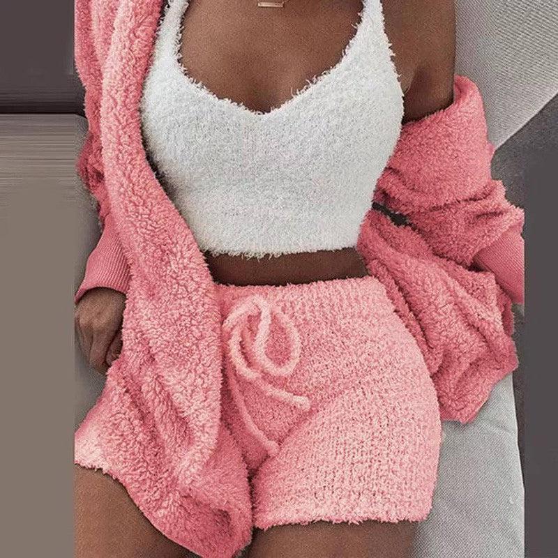 Winter Women Home Wear Suit Casual Pajamas Set Lady Female Soft Warm Long Sleeve Exposed Navel Vest Shorts Set-Red-2