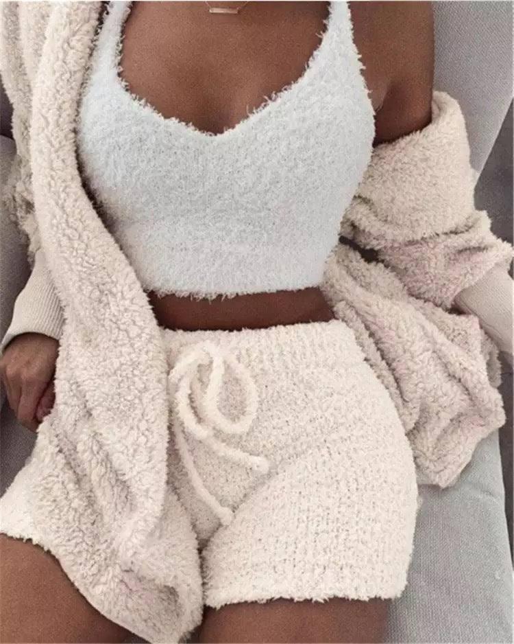 Winter Women Home Wear Suit Casual Pajamas Set Lady Female Soft Warm Long Sleeve Exposed Navel Vest Shorts Set-White-3