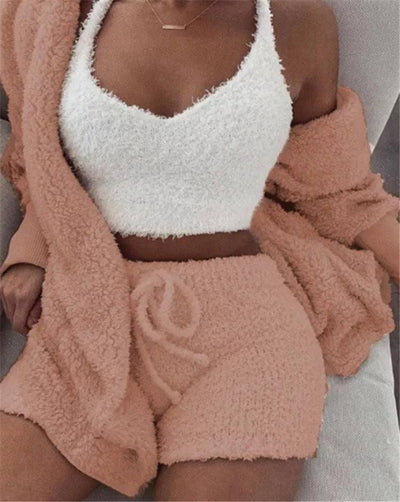 Winter Women Home Wear Suit Casual Pajamas Set Lady Female Soft Warm Long Sleeve Exposed Navel Vest Shorts Set-Orange-9